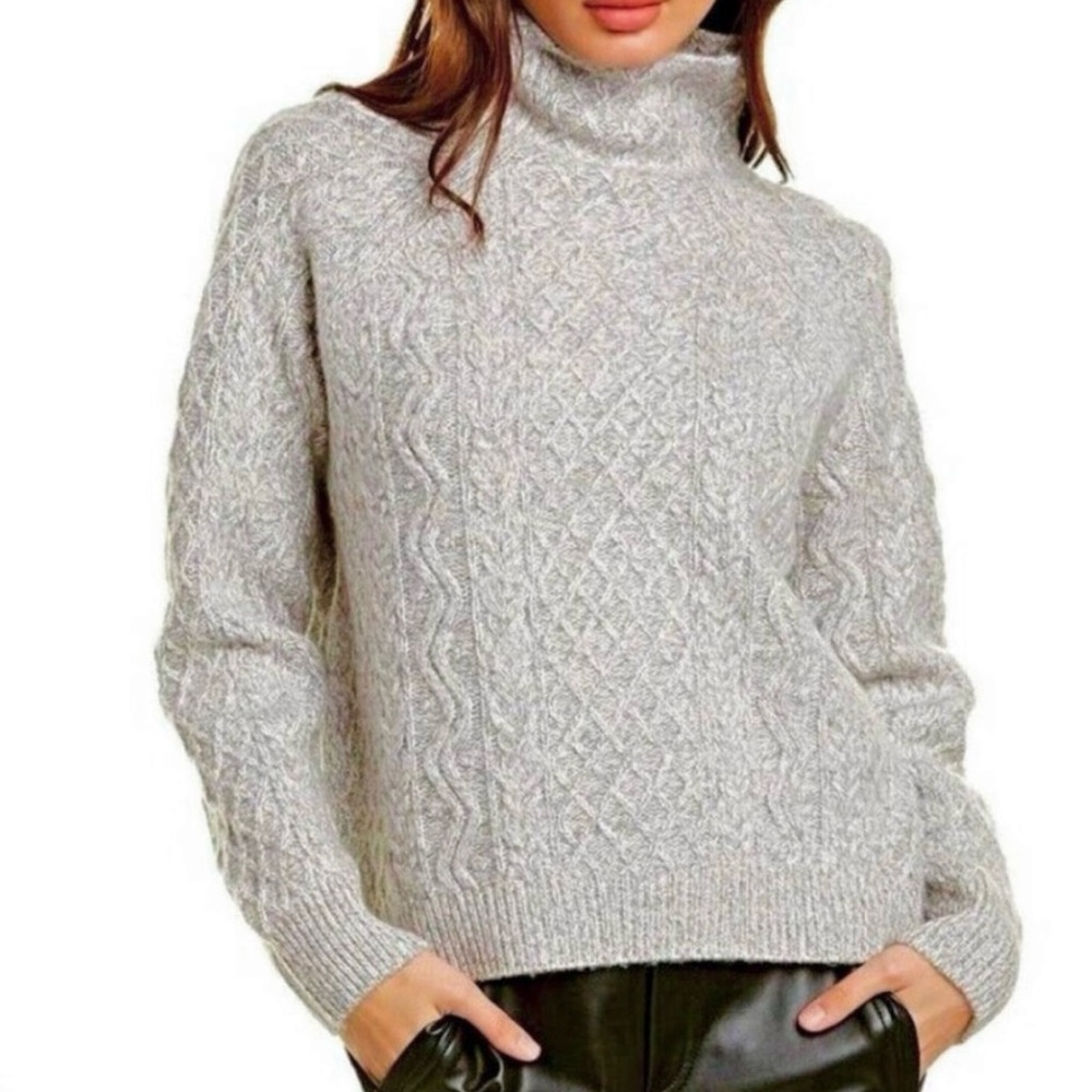 VINCE Cable Knit Merino Wool Cashmere Blend Sweater NEW Size L Gray Marled Yarn